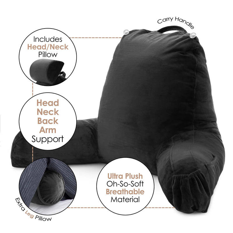 Reading Pillow Bonus Portable Lap Desk Stand for Laptop, Back Rest Pillow for Sitting in Bed, Shredded Memory Foam Bed Rest Pillow with Arms and Pockets, Large, Black