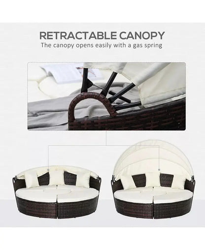 Rat Daybed Patio Furniture Set W/ Adjustable Canopy,