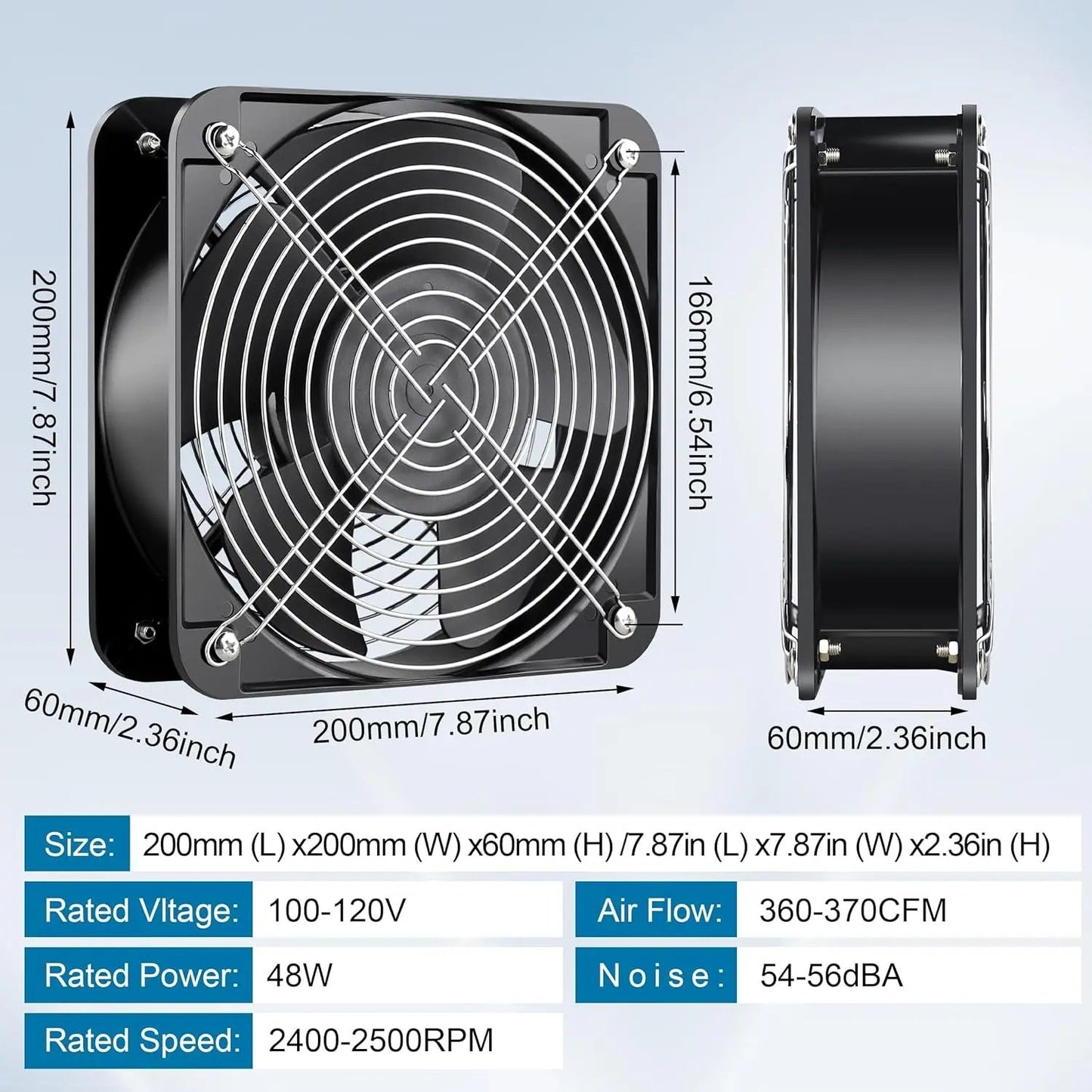 AXIAL Fan 20060, 110V 120V AC 200Mm X 200Mm X 60Mm Heavy Duty Industrial Fan, for DIY Cooling Ventilation Exhaust Projects