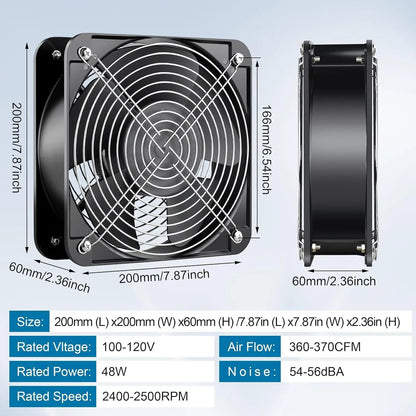 AXIAL Fan 20060, 110V 120V AC 200Mm X 200Mm X 60Mm Heavy Duty Industrial Fan, for DIY Cooling Ventilation Exhaust Projects