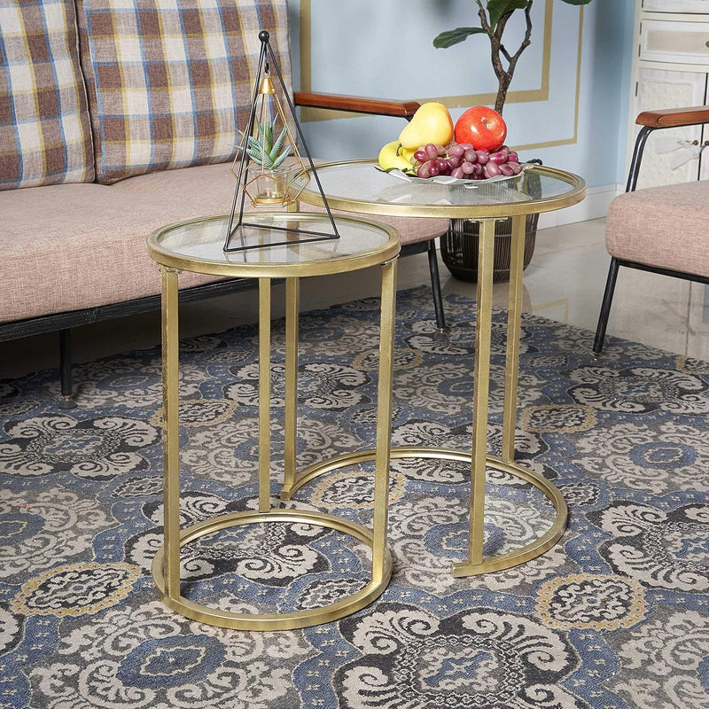 Set of 2 Gold Glass Nesting Side Tables - Round Stacking Coffee Tables for Small Spaces, Ideal for Living Room and Bedroom Decor