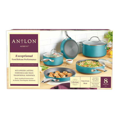 Achieve 8 Piece Hard Anodized Nonstick Pots and Pans Set, Teal