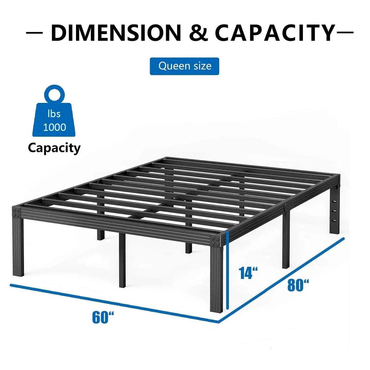 14" Queen Metal Bed Frame with Steel Slats, Heavy Duty Mattress Foundation