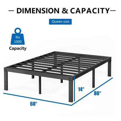 14" Queen Metal Bed Frame with Steel Slats, Heavy Duty Mattress Foundation