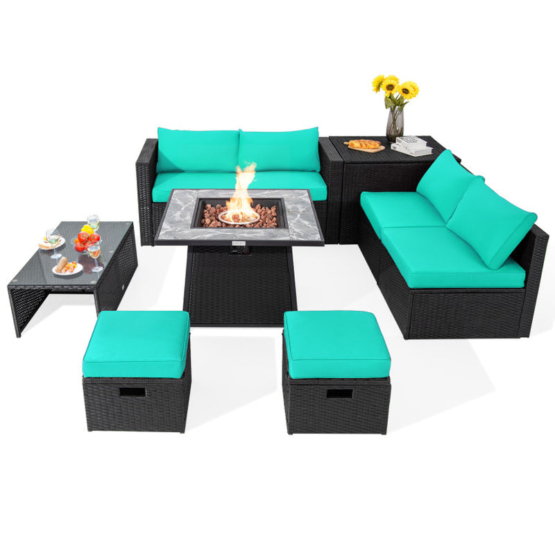 Transform your outdoor space with this stunning 9-piece wicker sectional set, complete with a cozy 35-inch gas fire pit table! 🔥✨ #OutdoorLiving #FirePitFun