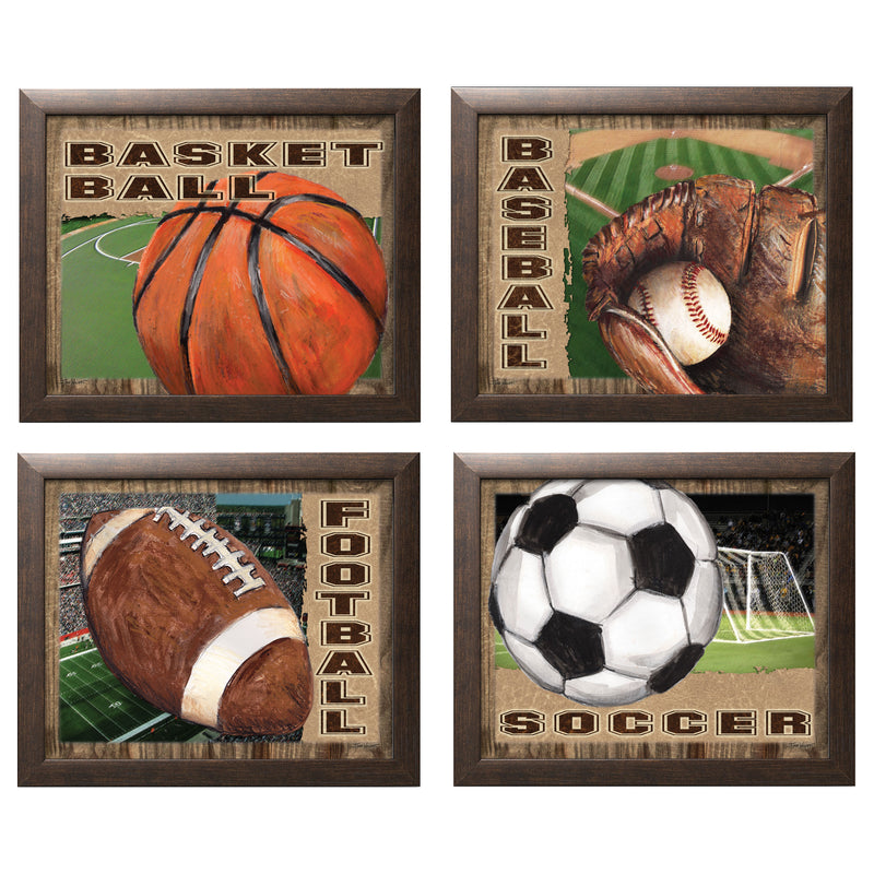4 Popular American Sports Set Basketball Baseball Football and Soccer; Four 10X8In Mounted Prints; Ready to Hang!