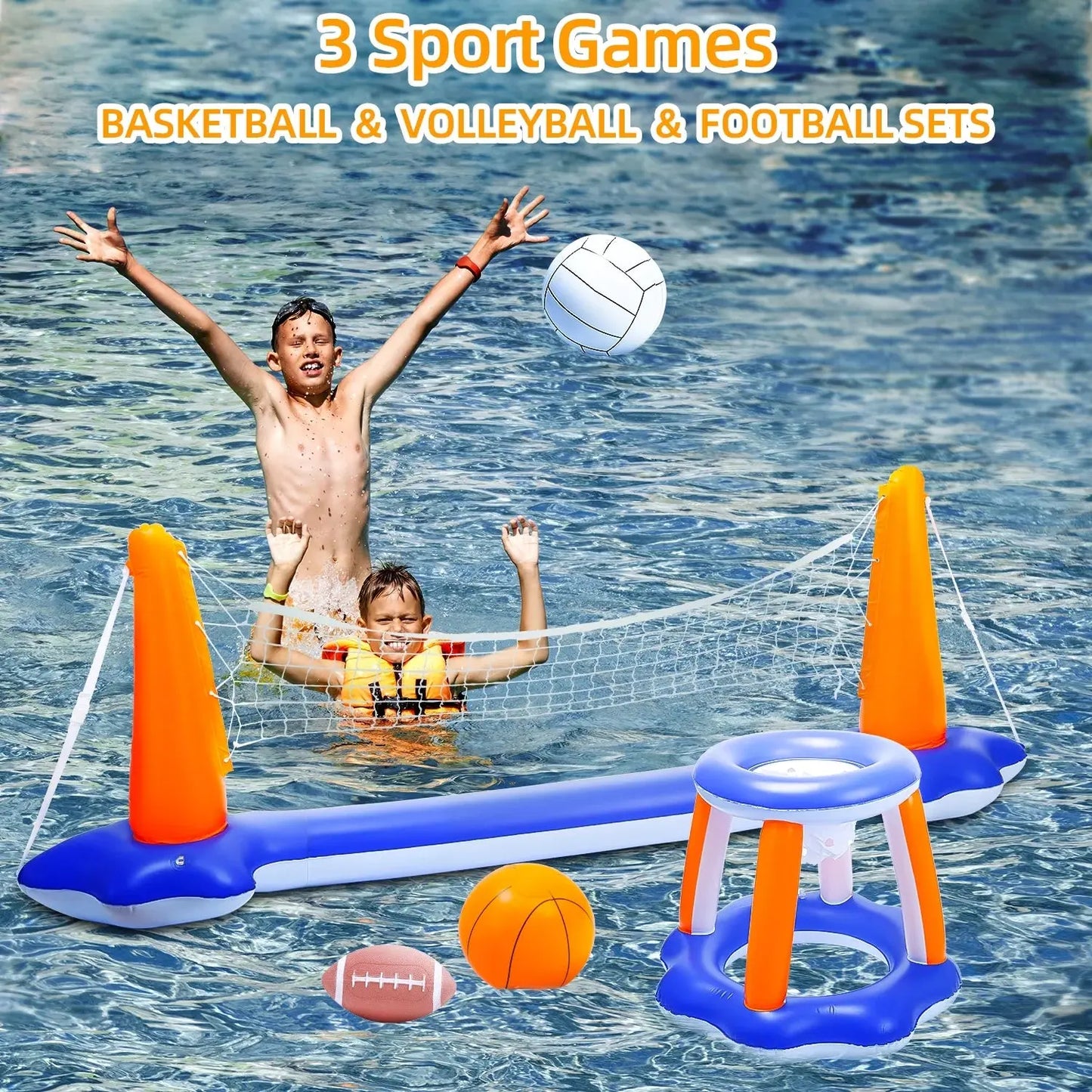 Inflatable Pool Toys, 2-In-1 Swimming Pool Basketball &amp; Volleyball Sets, Floating Basketball Hoop and Water Football, Summer Pool Game for Kids and Adults