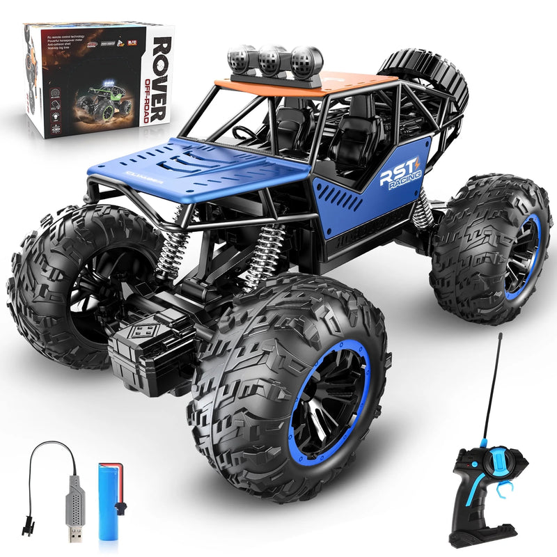 Blue Remote Control Cars 1:18, All Terrain Metal Shell 4X4 Off-Road Vehicle Monster Truck, High Speed 2.4 Ghz RC Car, Christmas Birthday Gift Outdoor Toys for Kids 6+ & Adults