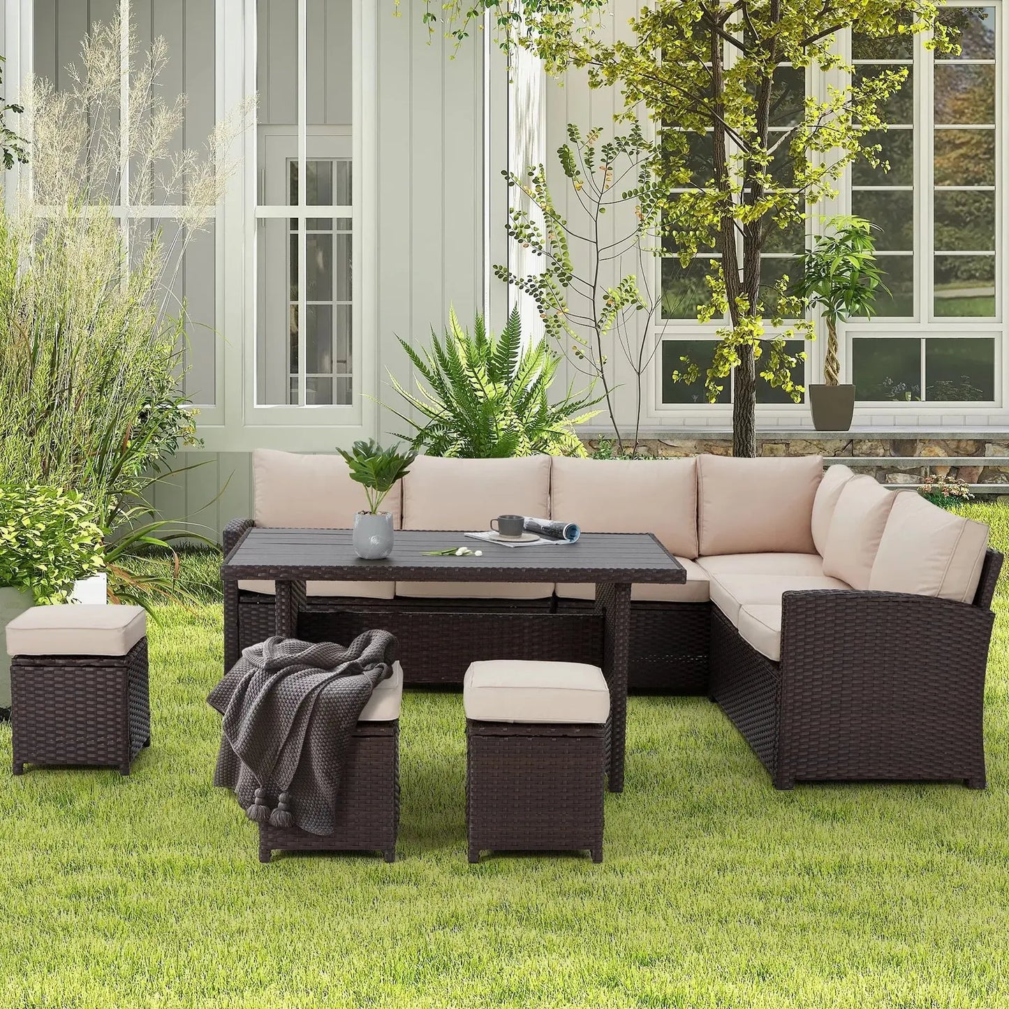 Transform Your Outdoor Experience with the Elegant 7 Piece Patio Conversation Set – Luxurious Beige Rattan Wicker Dining Furniture!