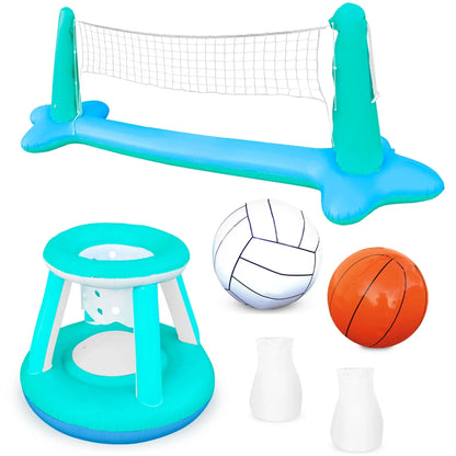 Inflatable Pool Float Game Set with Inflatable Volleyball Net & Basketball Hoops, Summer Pool Game for Kids and Adults