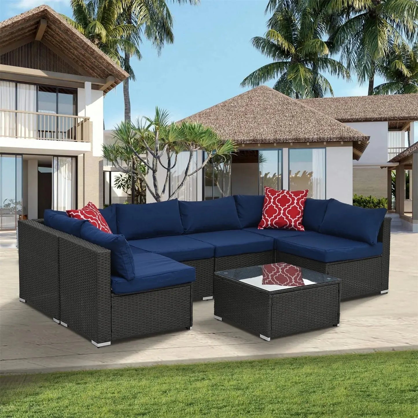 7 Piece Patio Furniture Sets Outdoor Sectional PE Rattan Outdoor Furniture Patio Conversation Set with Cushions and Glass Coffee Table, for Balcony Lawn and Garden, Gray