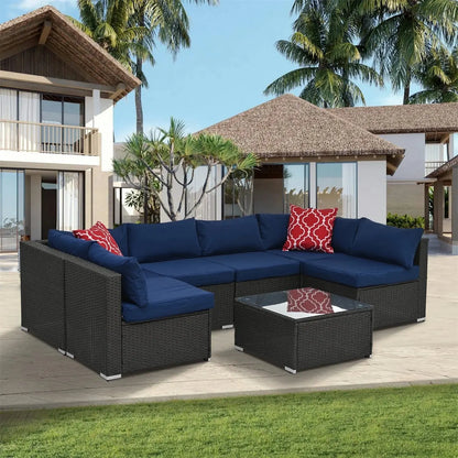 7 Piece Patio Furniture Sets Outdoor Sectional PE Rattan Outdoor Furniture Patio Conversation Set with Cushions and Glass Coffee Table, for Balcony Lawn and Garden, Gray