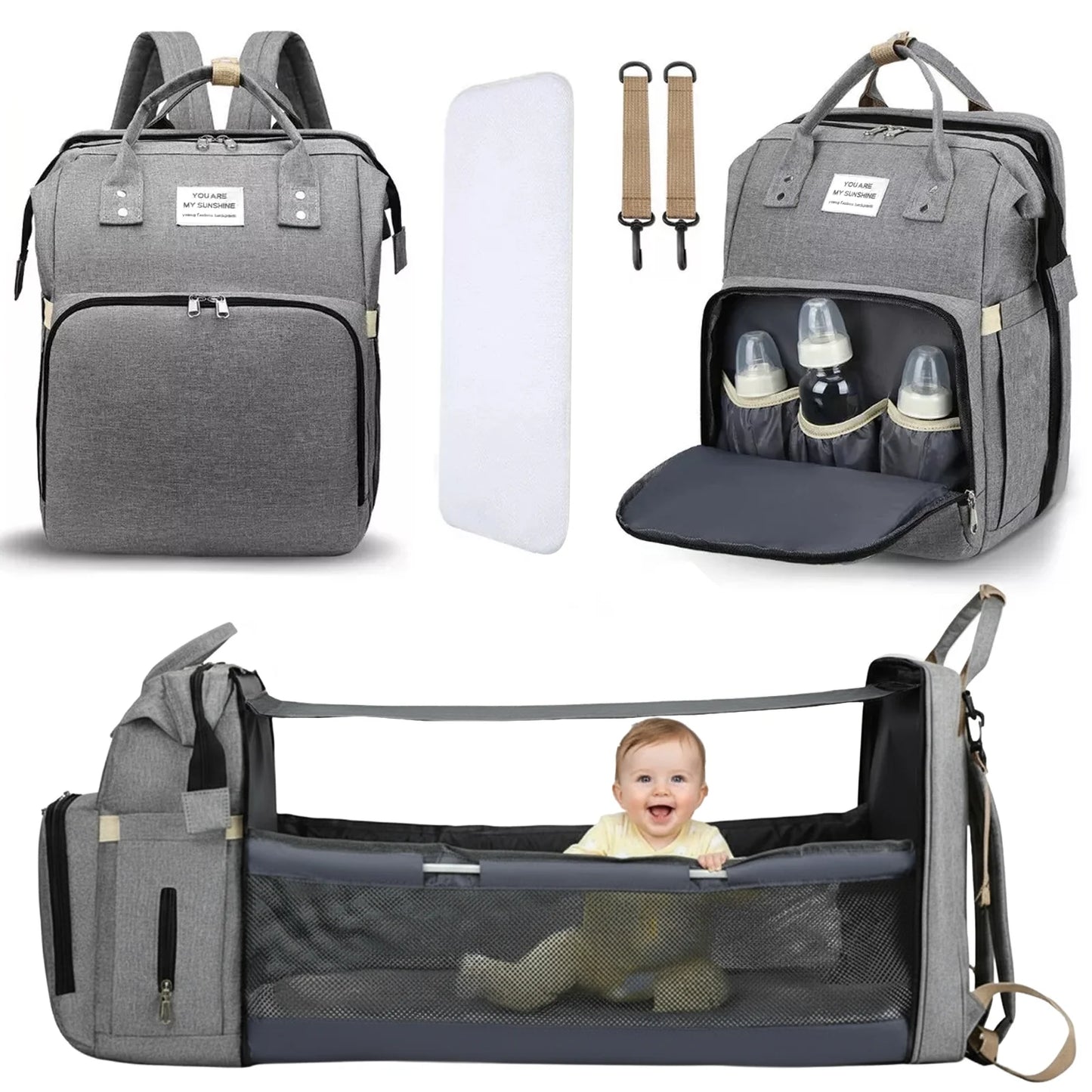 Multifunctional Gray Baby Diaper Backpack with USB Charging Port - The Ultimate Travel Companion for Modern Parents!
