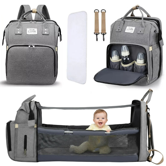 Multifunctional Gray Baby Diaper Backpack with USB Charging Port - The Ultimate Travel Companion for Modern Parents!