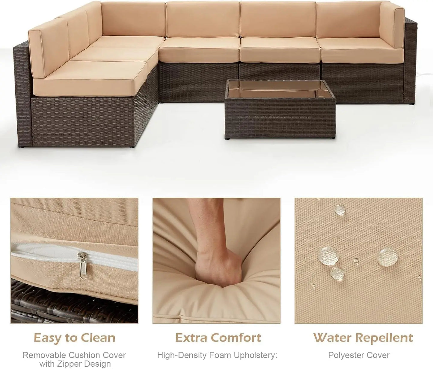 7-Piece Outdoor Patio Furniture Set with PE Rattan Wicker Sofa, Cushions, and Tea Table in Brown