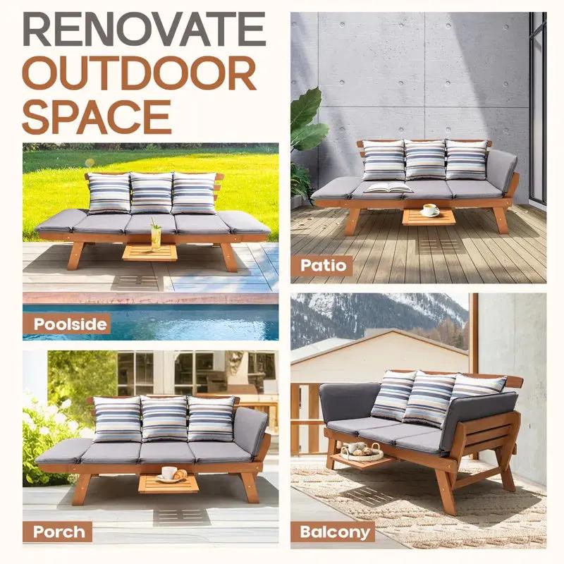 Chill in Style! 🌿✨ Meet the Katinka Eucalyptus Outdoor Daybed Sofa – complete with comfy pillows, a folding armrest, and a handy coffee tray! Perfect for your backyard oasis! ☕🌞