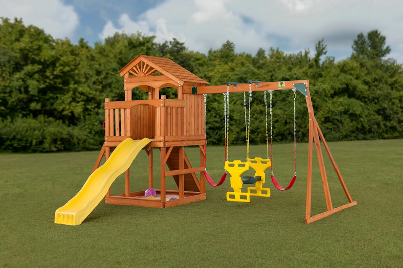 Timber Valley Wooden Playset with Wooden Roof, Glider Swing, Sandbox, Climbing Wall, Ladder, Slide & Belt Swings
