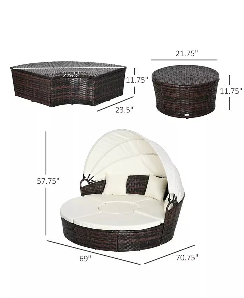 Rat Daybed Patio Furniture Set W/ Adjustable Canopy,