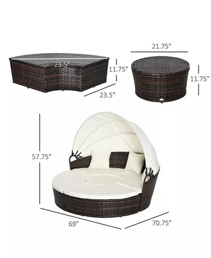 Rat Daybed Patio Furniture Set W/ Adjustable Canopy,