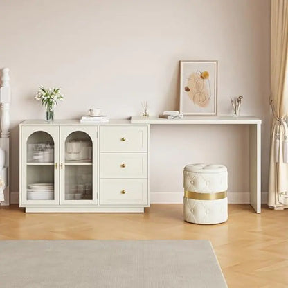 Royalcraft Makeup Vanity Desk, Extendable Corner Vanity Makeup Table with 3 Drawers, Modern Dressing Table for Bedroom, Cream White Makeup Vanity without Mirror