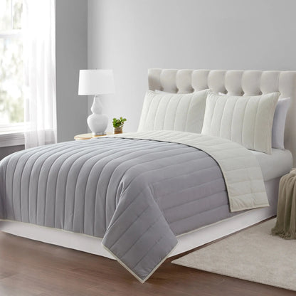 Solid Textured Corduroy Striped Quilt, White, Full/Queen, All Ages