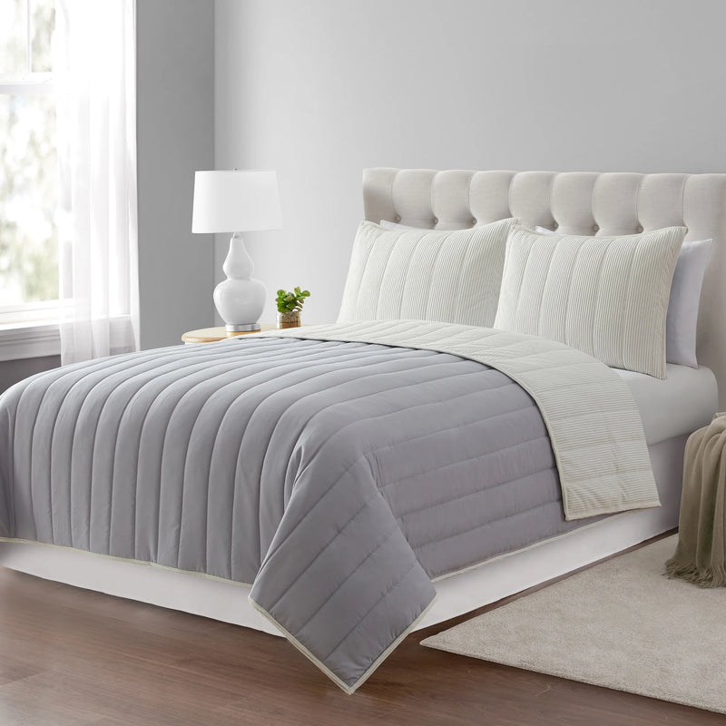 Solid Textured Corduroy Striped Quilt, White, Full/Queen, All Ages