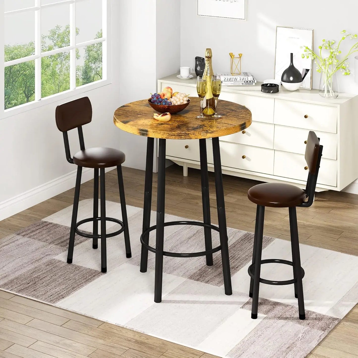 3 Piece Pub Dining Set, Modern Bar Table and Stools for 2 Kitchen Counter Height Wood Top Bistro Easy Assemble for Breakfast Nook Living Room Small Space Restaurant, Rustic Brown