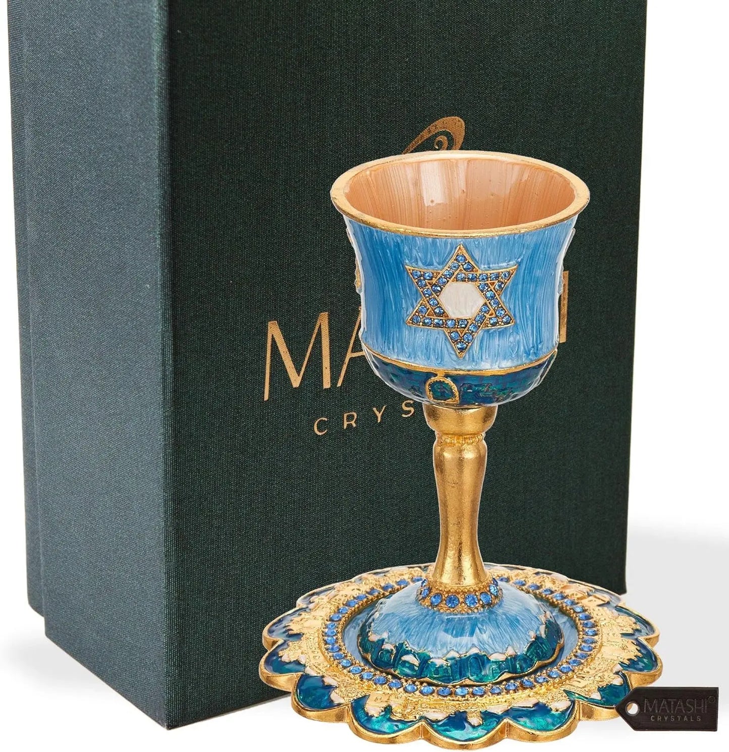Hand-Painted Enamel Tall 5&quot; Kiddush Cup Set W/Stem &amp; Tray Embellished W/Crystals and Star of David Design for Weddings Shabbat Havdalah Passover Goblet Judaica Gift Cup