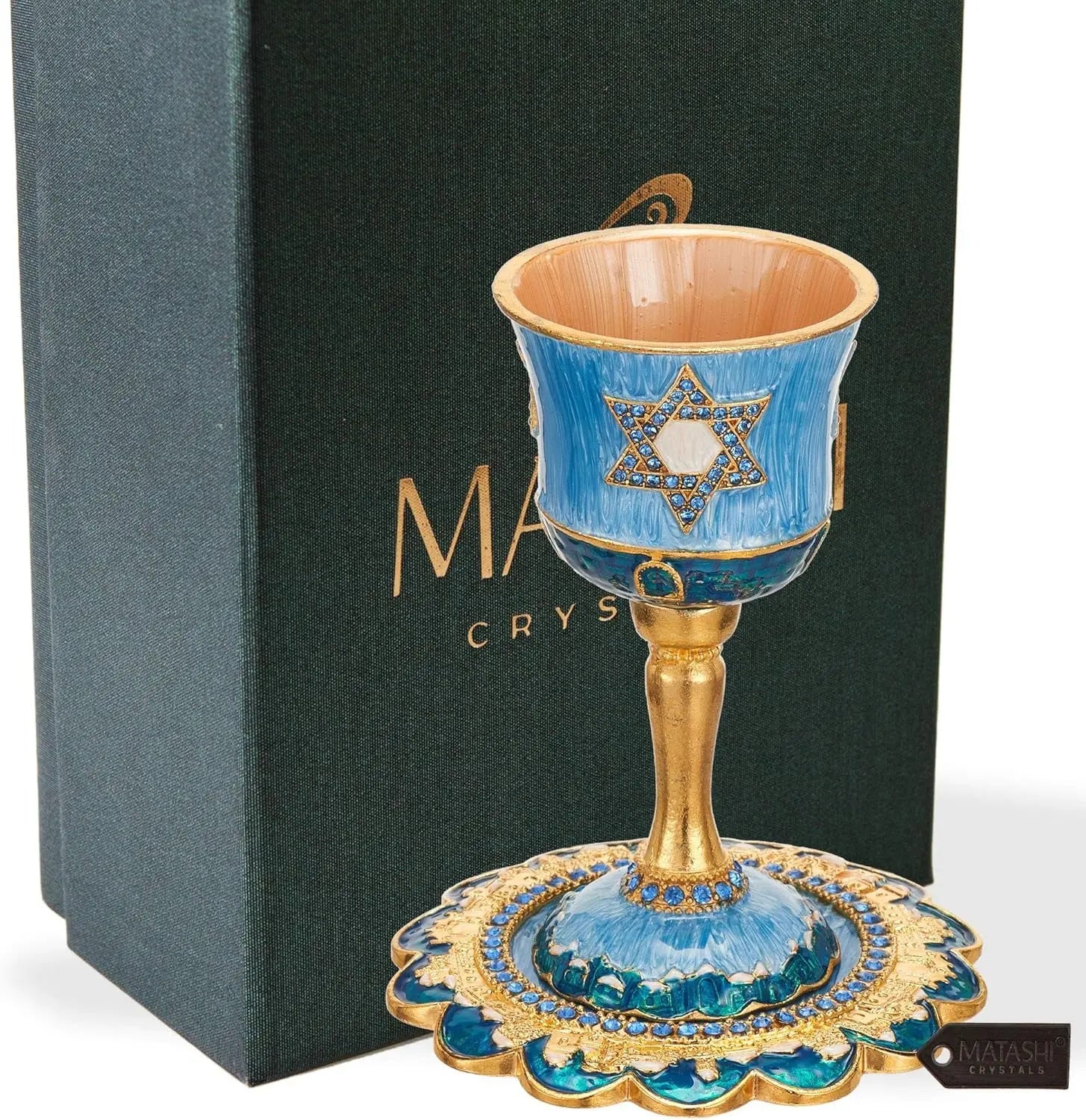 Hand-Painted Enamel Tall 5&quot; Kiddush Cup Set W/Stem &amp; Tray Embellished W/Crystals and Star of David Design for Weddings Shabbat Havdalah Passover Goblet Judaica Gift Cup