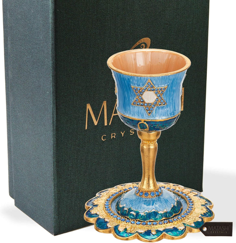 Hand-Painted Enamel Tall 5" Kiddush Cup Set W/Stem & Tray Embellished W/Crystals and Star of David Design for Weddings Shabbat Havdalah Passover Goblet Judaica Gift Cup