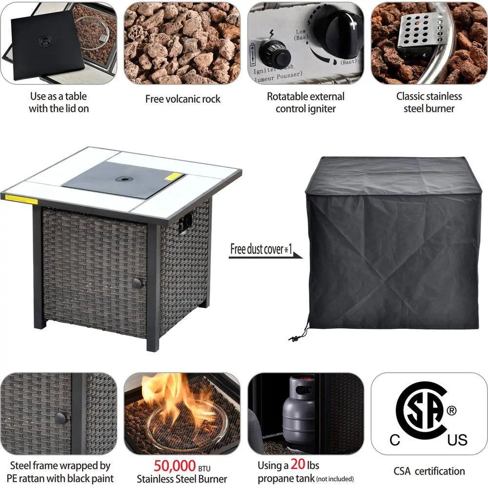 New Kenard Brown 7-Piece Wicker Patio Fire Pit Conversation Set with Beige Cushions and Swivel Rocking Chairs