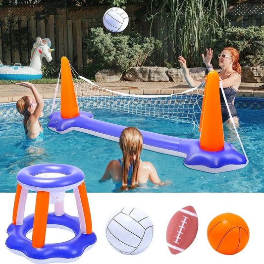 Inflatable Pool Toys, 2-In-1 Swimming Pool Basketball & Volleyball Sets, Floating Basketball Hoop and Water Football, Summer Pool Game for Kids and Adults