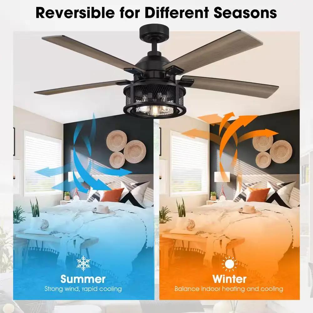 52 In. Indoor Industrial Mesh Metal Reversible Blades Black Ceiling Fan with Light Kit and Remote Control