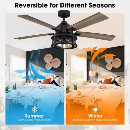 52 In. Indoor Industrial Mesh Metal Reversible Blades Black Ceiling Fan with Light Kit and Remote Control