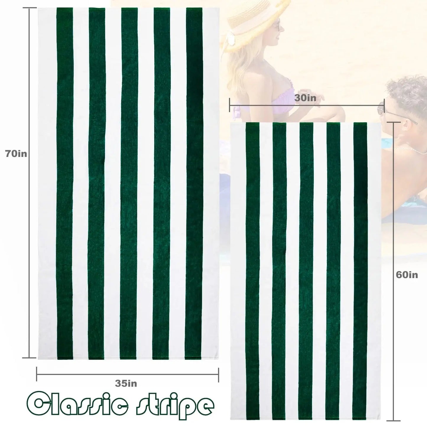 2-Pack Cotton Oversized 35"X70" Cabana Stripe Beach Towels, Super Absorbent Soft Plush Pool Towel, Bath Towel (Forest Green)