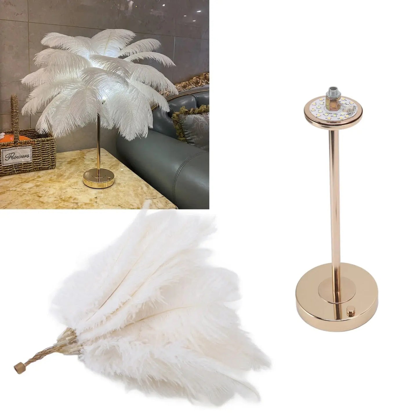 Touch Switch Feather Lamp, Feather Table Lamp, Touch Switch USB Ostrich Feather Lamp 3 Color Dimming Desk Lamp with Gold Metal Base 30Pcs Feather