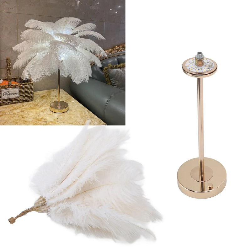 Touch Switch Feather Lamp, Feather Table Lamp, Touch Switch USB Ostrich Feather Lamp 3 Color Dimming Desk Lamp with Gold Metal Base 30Pcs Feather