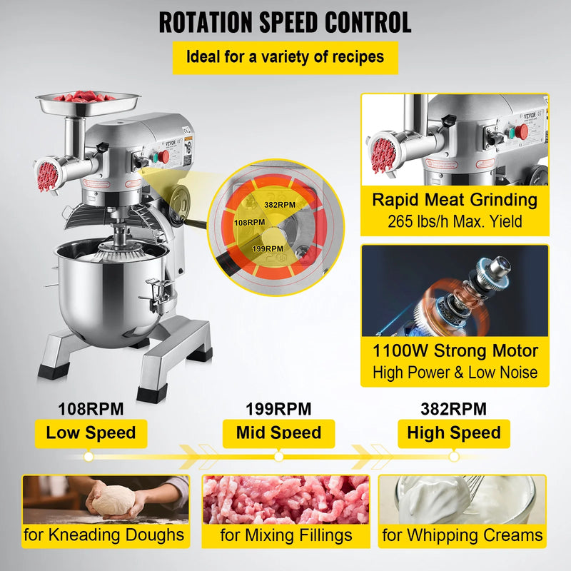 Professional 20Qt Commercial Electric Stand Mixer with 3 Speed Options and Meat Grinding Function