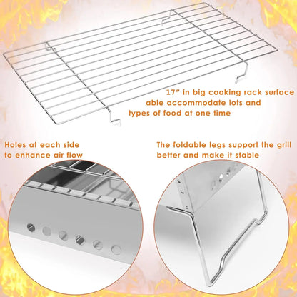 17" in Portable Tabletop Grill, Charcoal Barbecue Grill, Stainless Steel Portable Folding Tabletop Charcoal Grill for Shish Kabob Burgers & Meat Steak.