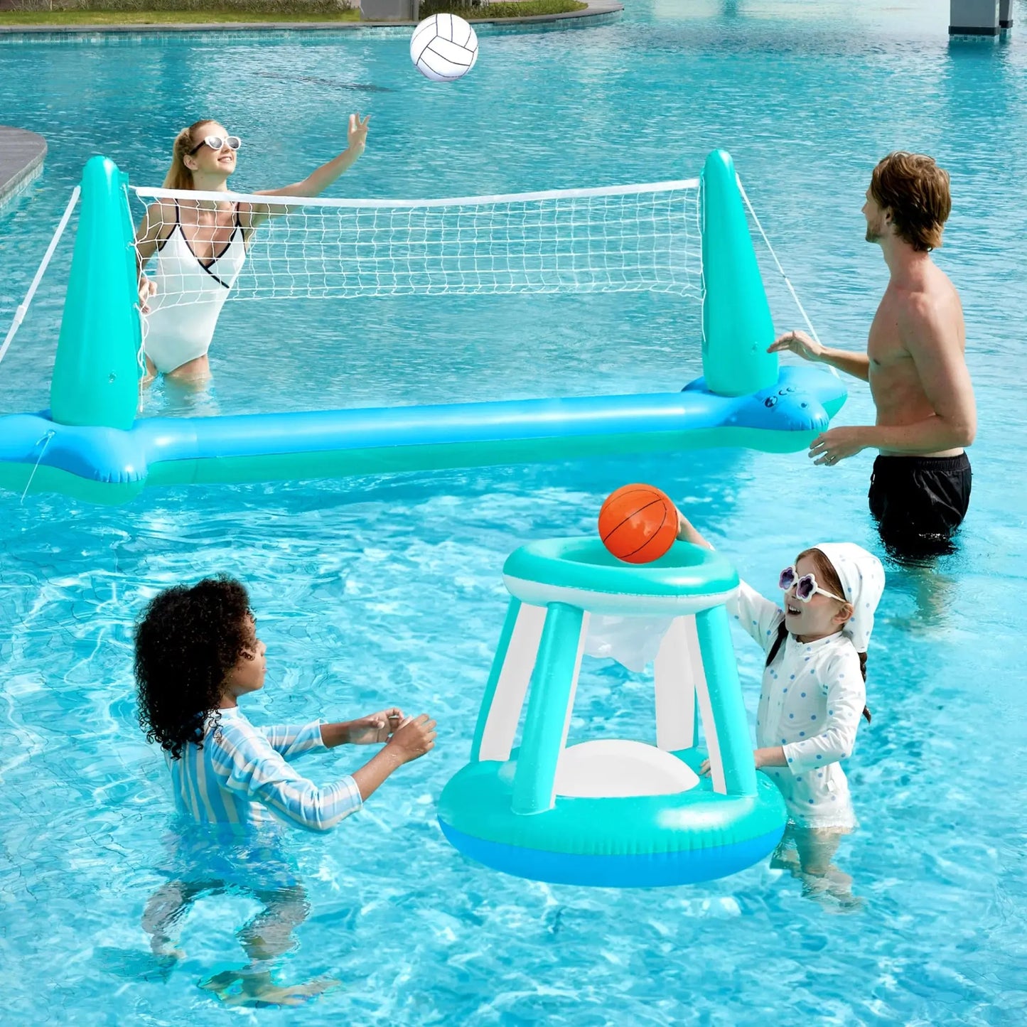 Inflatable Pool Float Game Set with Inflatable Volleyball Net & Basketball Hoops, Summer Pool Game for Kids and Adults