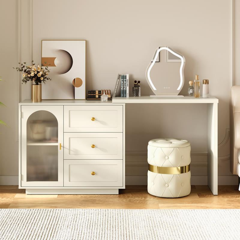 Royalcraft Makeup Vanity Desk, Extendable Corner Vanity Makeup Table with 3 Drawers, Modern Dressing Table for Bedroom, Cream White Makeup Vanity without Mirror
