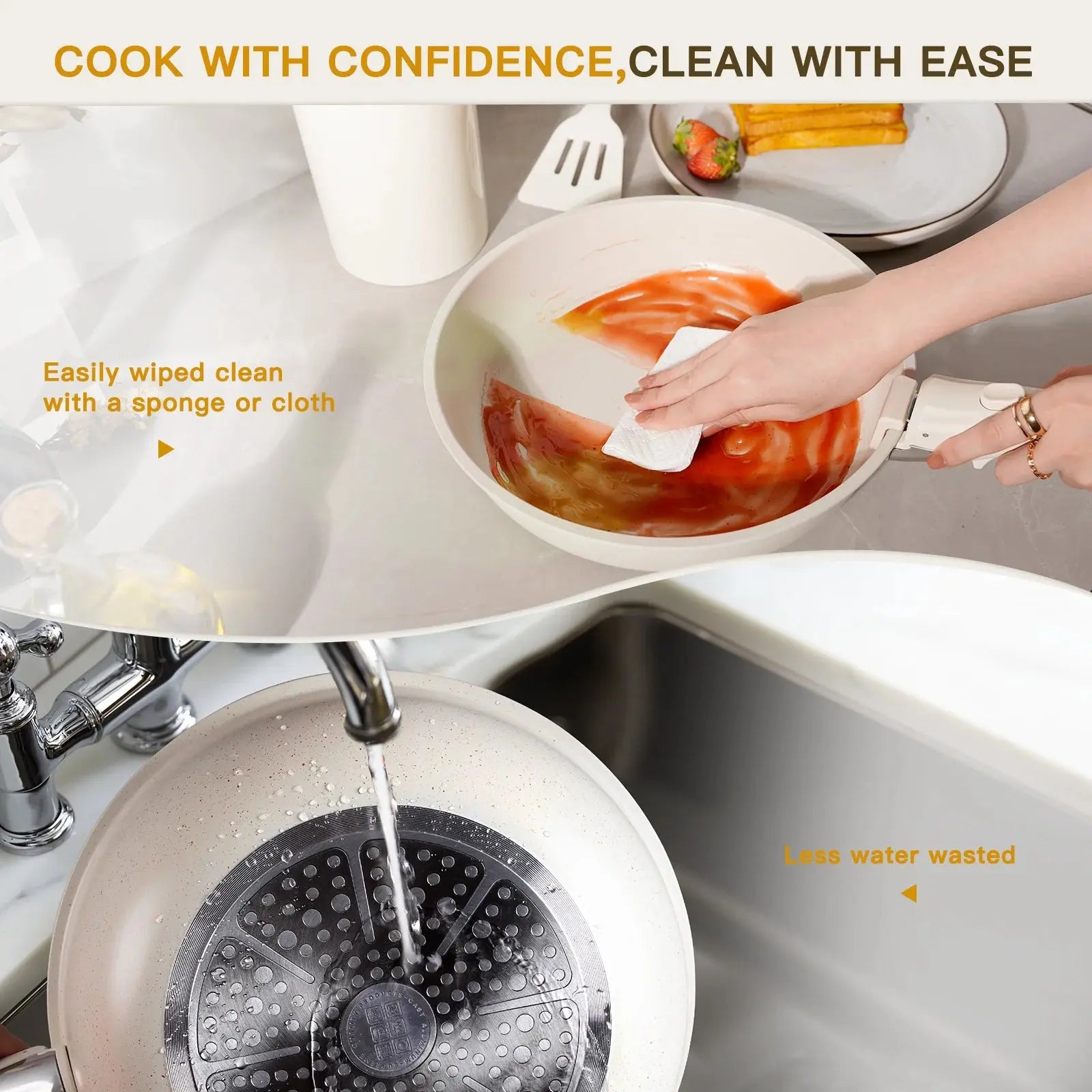 20-Piece Non-Stick Ceramic Cookware Set with Detachable Handles, Oven Safe and Induction Compatible, Stackable RV Kitchen Set in Cream White