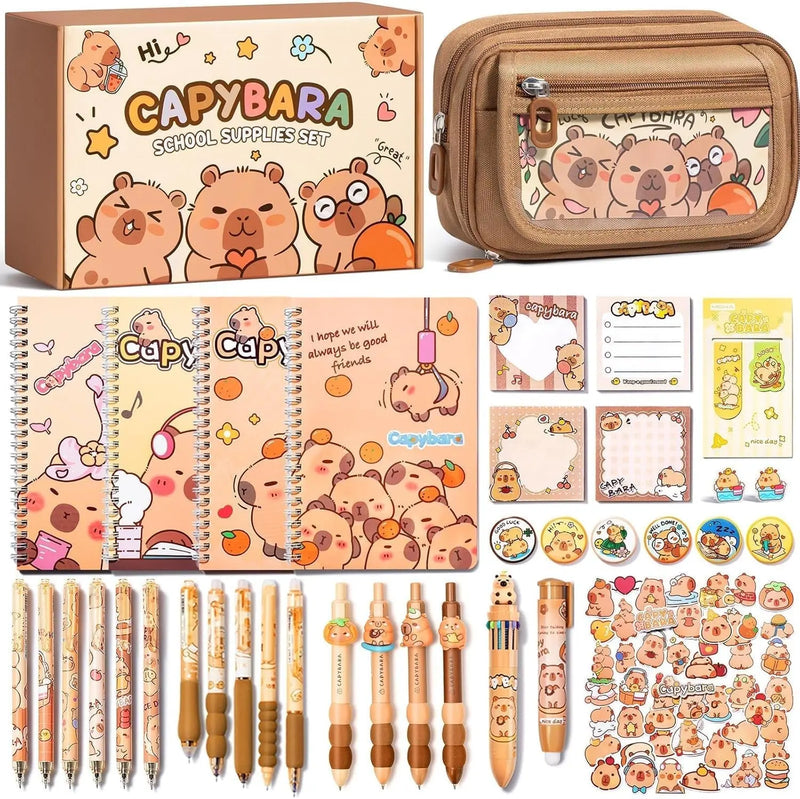 Kids School Supplies for Girls Boys, 36PCS Cute Capybara Stationery Set with Pencil Case Gel Pens Pencil Stickers Pins Notebooks Sticky Notes Kawaii Birthday Gifts for Kindergarten Elementary