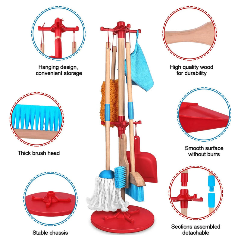 7 Piece Kids Cleaning Set, Wooden Detachable Cleaning Toys Includes Broom Dustpan Mop Brush Duster Rag and Hanging Stand, Pretend Play Housekeeping Tools Gift for Girls Boys, Blue