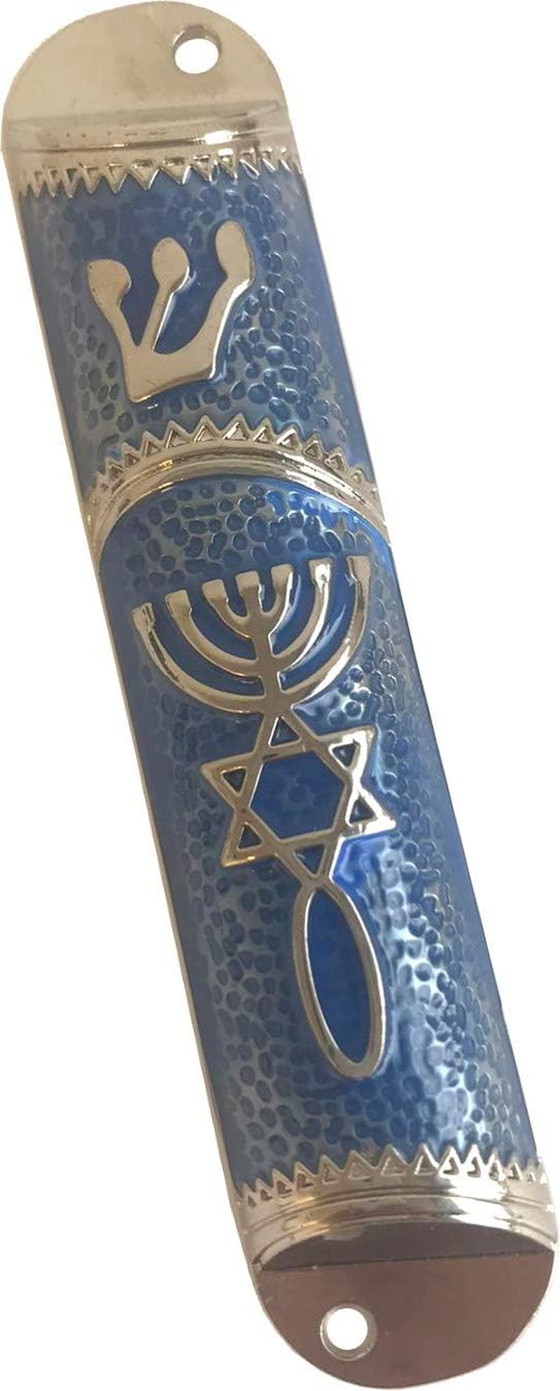 Mezuzah Case - 4.1 Inches, Blue and Silver Frame, Includes Scroll, Metal Wall Mount