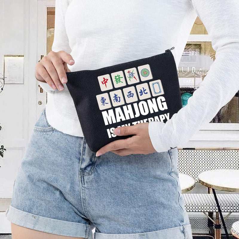 Funny Mahjong Cosmetic Make up Bag Mahjong Lover Gift Mahjong Is My Therapy Makeup Zipper Pouch Bag for Friend Family (Mahjong Black)