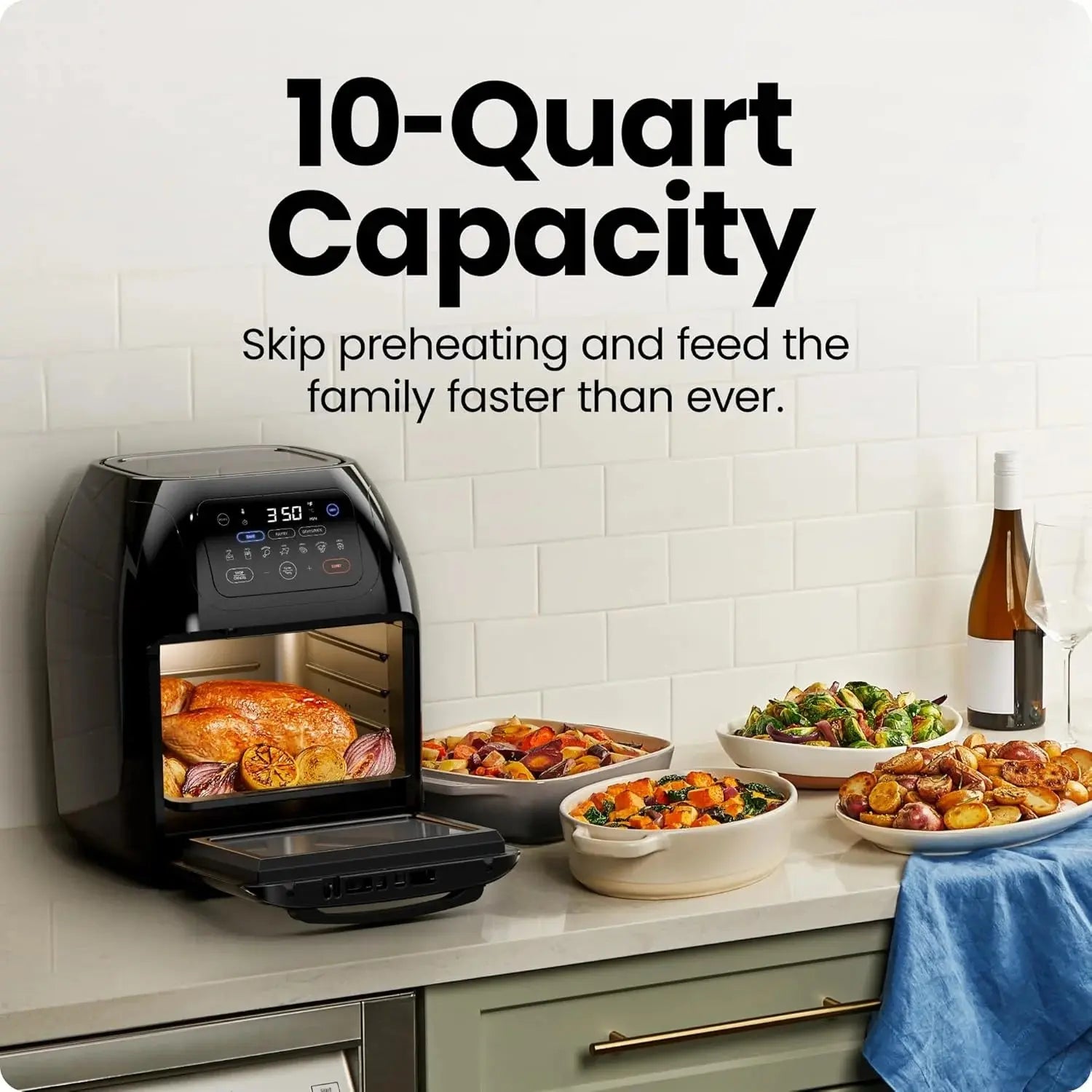 Multifunctional Digital 10 Qt. Air Fryer+ Rotisserie, Fry, Roast & Bake, 17 Presets - Black