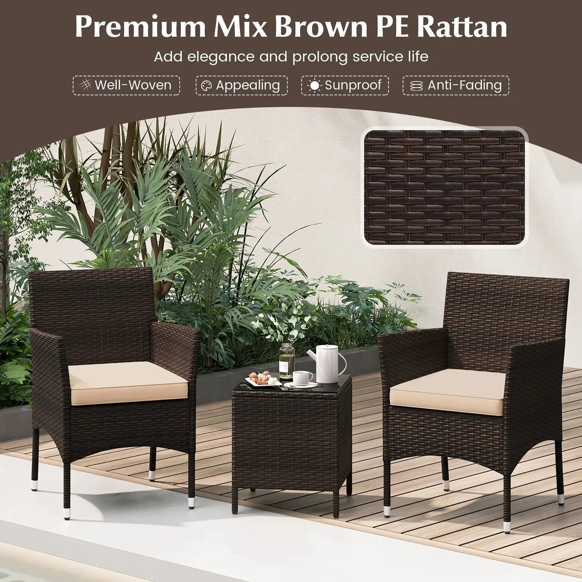 Stylish 3-Piece Outdoor Conversation Set with Cushioned Seats & Durable Tempered Glass Tabletop