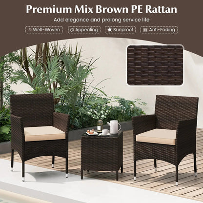 Stylish 3-Piece Outdoor Conversation Set with Cushioned Seats & Durable Tempered Glass Tabletop