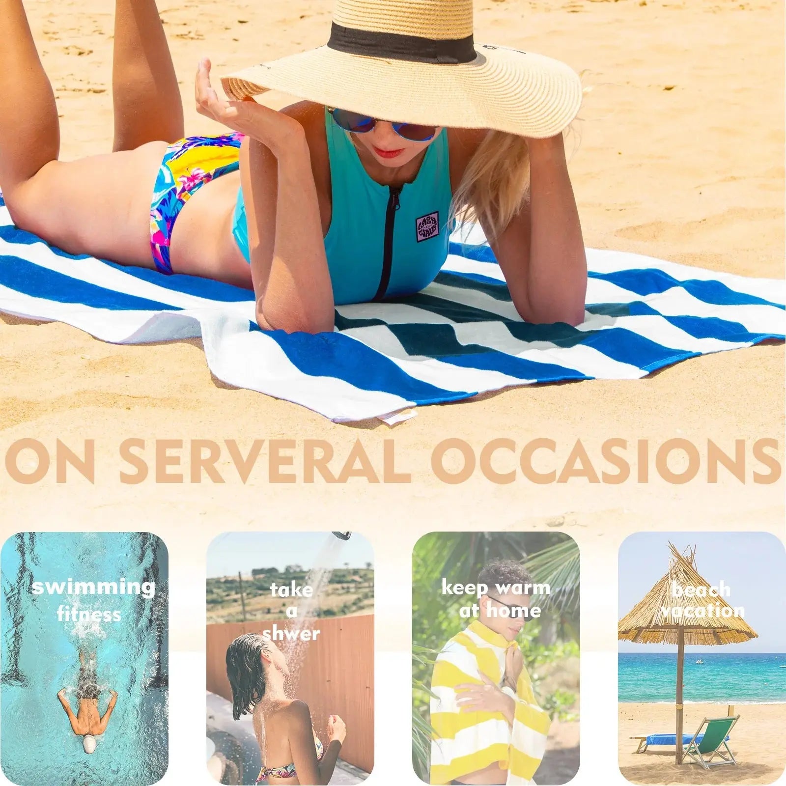 4-Pack Cotton Large Cabana Stripe Beach Towels, Super Absorbent Soft Plush Pool Towel, Bath Towel (Ocean Blue, 30"X60")